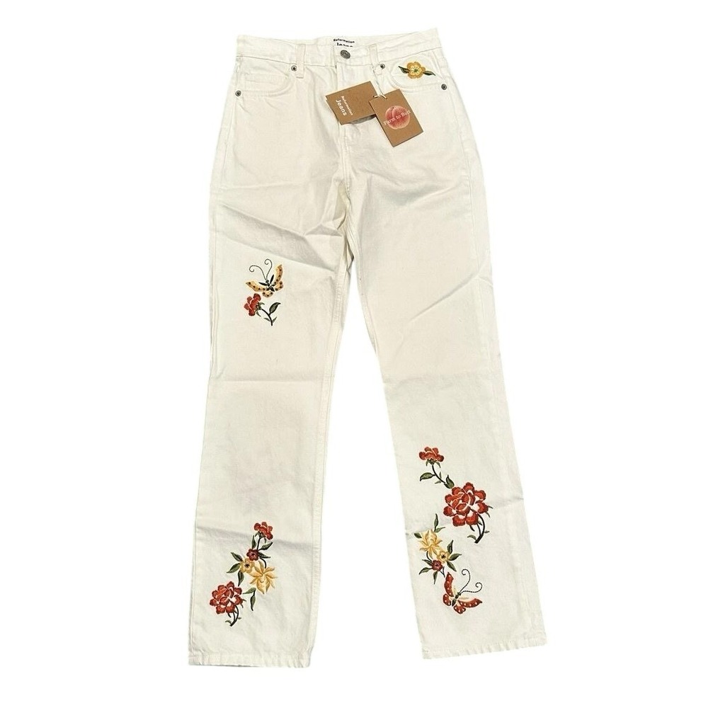 Reformation Cynthia High Rise Straight Jeans 25 White Flora Embroidery NWT - Picture 2 of 10